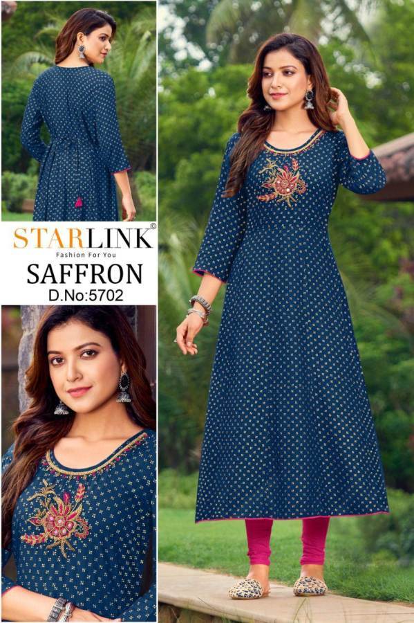 Starlink Saffron Rayon Fancy Ethnic Wear Foli Printed Kurti Collection